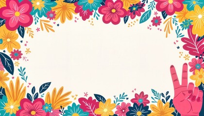 Vibrant floral illustration with peace sign, celebration of joy