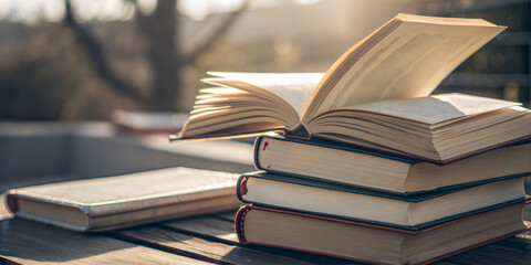 Naklejka premium Stack of hardcover books open on wooden desk in warm sunlight, symbolizing knowledge