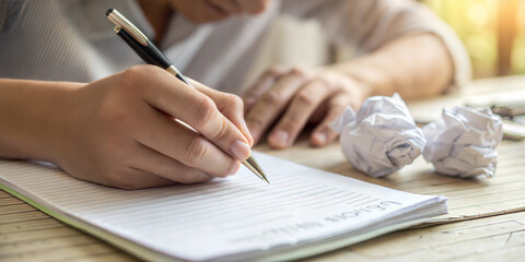 Close-up of student writing on paper with crumpled drafts scattered on wooden desk