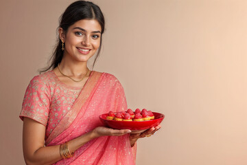 Sharing Sweetness: Indian Woman in Pink Sari Offering Treats, Festive Atmosphere generative ai