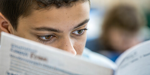 Boy deeply concentrated while reading a book during study session