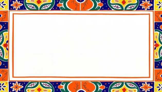 Vibrant Talavera tile border framing formal wedding invitation, celebration