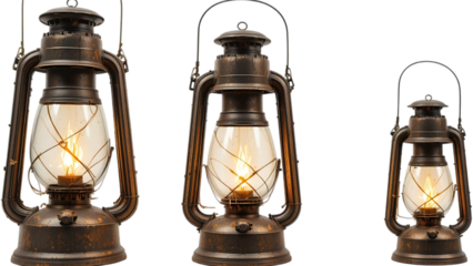 Three antique oil lamps glowing warmly, casting a nostalgic and comforting light in the dark, evoking tales of adventure and old-fashioned charm with a rustic bronze finish.