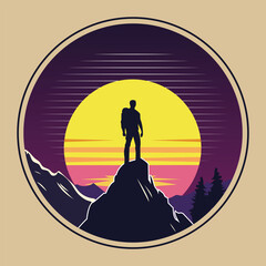Obraz premium Retro Hiking Adventure Silhouette – Vintage Mountain Explorer T-Shirt Design