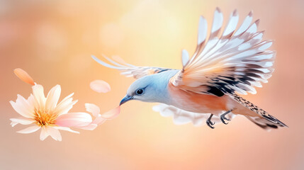 Obraz premium delicate bird with soft pastel feathers gracefully hovers near blooming flower, its wings spread wide in ethereal motion. warm, glowing background enhances serene and dreamy atmosphere