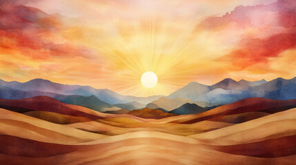 Fiery desert sunset with intense orange and red tones, casting warm glow over rolling sand dunes and distant mountains in watercolor style painting