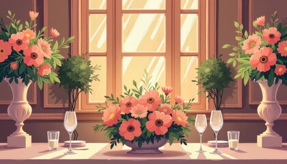 Fototapeta premium Elegant flower bouquet in refined banquet setting, indoor charm