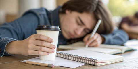 Exhausted student sleeping on desk with coffee cup, tired from late-night studying