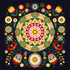 Scandinavian folk art with Easter Eggs, Sun and Flowers, symmetrical vector illustration. Symmetrical ornament with sun and eggs with different colorful folk ornaments on black background