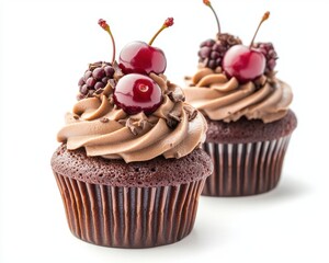 Delicious Chocolate Cupcake Topped with Juicy Berries on a Bright White Background