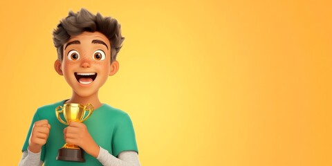 comic-style boy trophy excitement holding