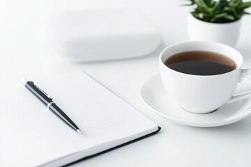 minimalistic stock photo of open notebook and pen resting on smooth white desk symbolizing planning and personal growth
