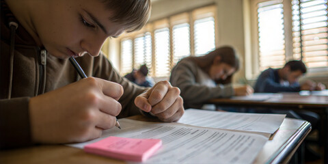 Hardworking student taking notes while studying, focused on learning in school