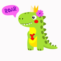 Cute light green dinosaur with flower and heart, vector, children's dinosaur print, children's character