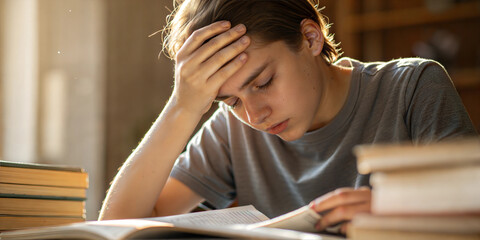 Stressed teenage student with hand on head, feeling overwhelmed during exam preparation