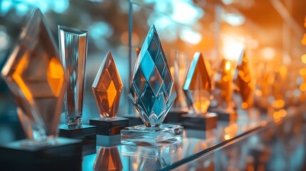 A collection of elegant glass trophies displaying achievement and excellence in various categories