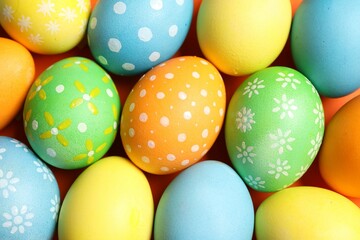 Beautiful decorated Easter eggs on orange background, flat lay