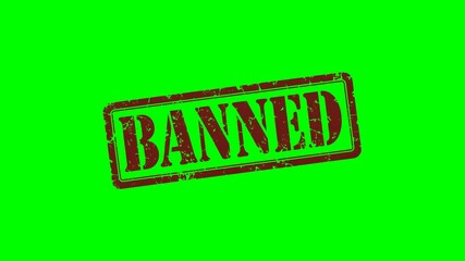 Animated "BANNED" rubber stamp seal with bold red text, featuring a zoom and hit effect on a green screen background, ideal for restriction, prohibition, denied access