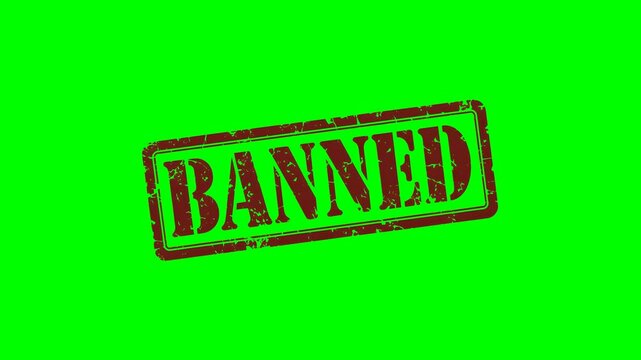 Animated "BANNED" rubber stamp seal with bold red text, featuring a zoom and hit effect on a green screen background, ideal for restriction, prohibition, denied access