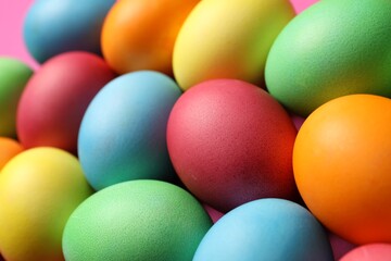 Beautiful decorated Easter eggs on pink background, closeup