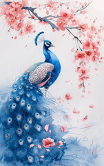 Serene Watercolor Illustration of a Peacock Surrounded by Cherry Blossom Flowers and Gentle Petals