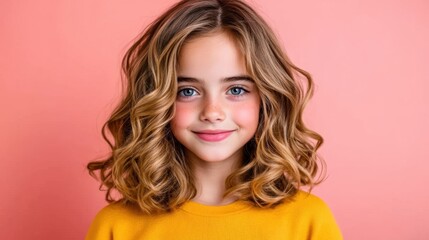 Fototapeta premium Smiling young girl showing healthy looking directly at the camera with shoulder-length layered hair. Isolated on a coral background.