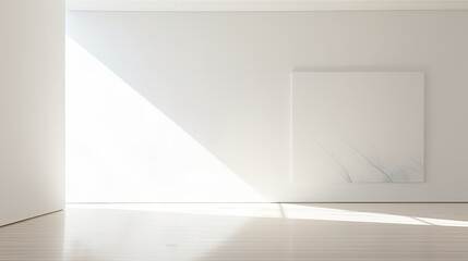 A beam of bright sunlight dramatically illuminates a minimalist, all-white room