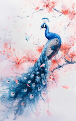 Serene Watercolor Illustration of a Majestic Peacock Resting on a Branch Among Vibrant Pink Blossoms