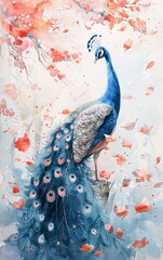 Serene Watercolor Illustration of a Peacock Surrounded by Delicate Coral Leaves and Soft Pastel Tones