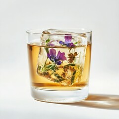 Refreshing Iced Herbal Tea with Floating Edible Flowers and Ice Cubes for a Cooling and Aromatic Experience