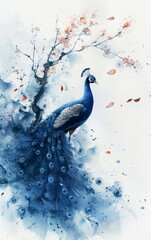 Serene Watercolor Illustration of a Peafowl Among Blossoms with Soft Blue Tones and Artistic Details
