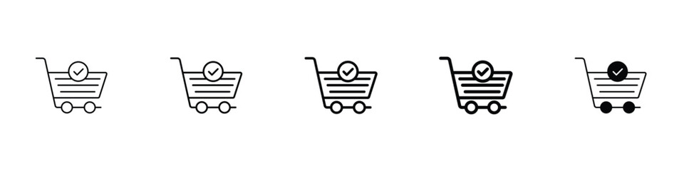 Set of 5 pixel perfect shopping cart check icon with 1 unexpanded, 1 silhouette, a shopping cart icon with a checkmark symbolizing completed purchase or checkout.