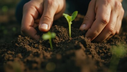 Close-up of hands gently planting small green seedlings in fresh soil during early spring, symbolizing new beginnings and sustainable agriculture.
