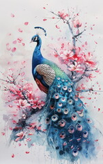 Serene Watercolor Illustration of a Peacock Surrounded by Blossoming Flowers in Soft Pastel Hues