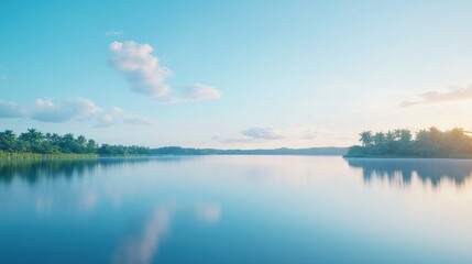 drone shot of tranquil lake reflecting clear blue sky surrounded by freshly sprouted greenery