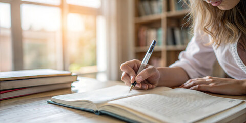 Student writing in notebook sitting at wooden desk with open books studying for exam