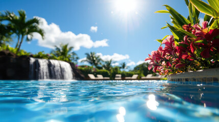 serene resort pool with waterfall, surrounded by vibrant flowers and lush greenery