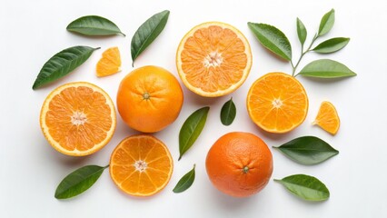Flatlay Composition of Oranges and Leaves, Vibrant Citrus Fruit Photography, Healthy Food Concept Citrus, Flatlay