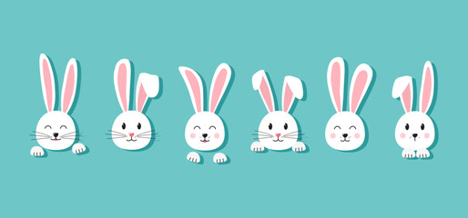 Easter bunny face, cartoon head rabbit, cute character hare, funny white animal with ears, paw and whisker. Spring vector illustration