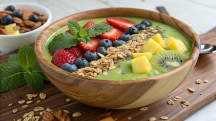 Green Smoothie Bowl with Berries, Granola and Mango, Wooden Bowl Composition, Healthy Breakfast Concept Smoothie bowl, healthy breakfast