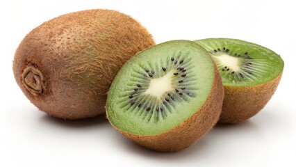 Fototapeta premium Kiwi Fruit Close-up Studio Shot, One Whole and Two Halves, White Background, Food Photography Kiwi, Fruit Photography