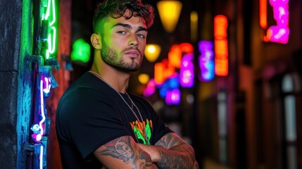 Obraz premium Young man portrait with a tattoo on his hand standing on a neon-lit alleyway.