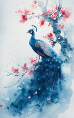 Serene Watercolor Illustration of a Magnificent Peacock Among Cherry Blossoms