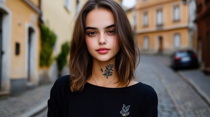 Fototapeta premium Young girl portrait with a tattoo on her wrist standing on a cobblestone street.
