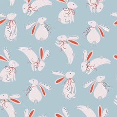Happy Easter print with bunny. Minimalistic background with rabbit and decorative bow. Cute animal seamless pattern design for baby nursery or textile. Hand drawn vector illustration.