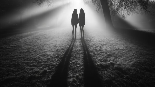 Silhouetted figures stand in a foggy field, casting long shadows in the light.