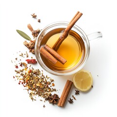  A Warm and Aromatic Beverage in a Glass Teacup, Garnished with Cinnamon Sticks, Star Anise, and Spices on a White Background - A Cozy Still Life