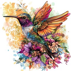 Colorful hummingbird surrounded by flowers.  Possible use  greeting card, phone wallpaper