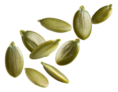 falling Pumpkin seeds isolated on white background, cutout