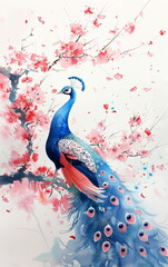 Serene Watercolor Illustration of a Majestic Peacock Amidst Delicate Cherry Blossoms in Soft Pastel Tones